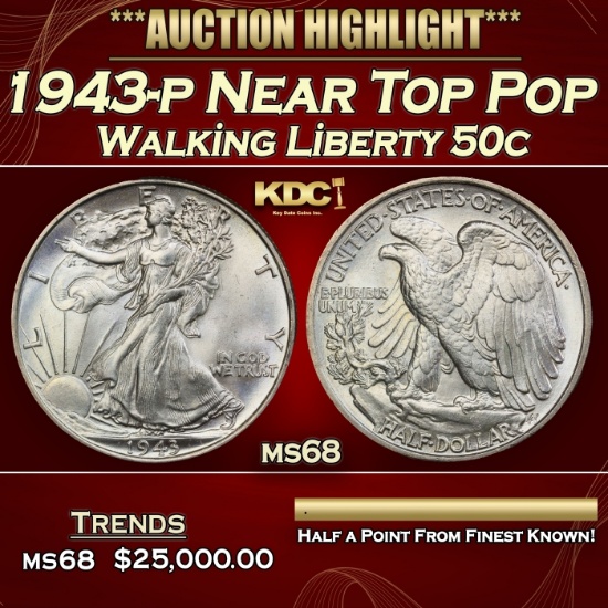 1943-p Walking Liberty Half Dollar Near Top Pop 50c ms68 SEGS