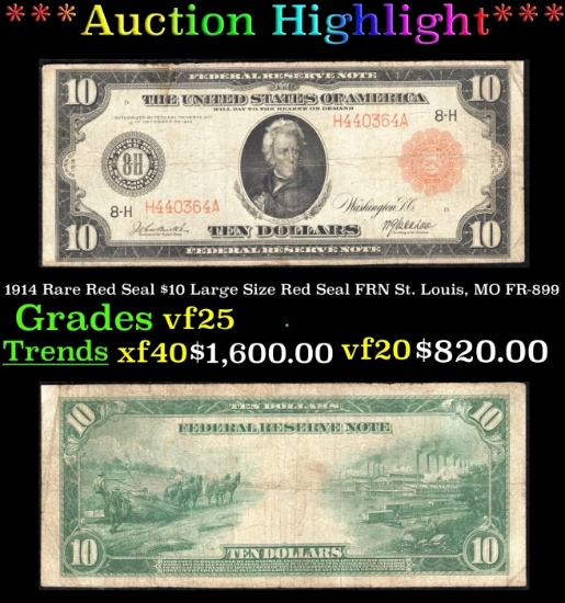 1914 $10 Large Size Red Seal FRN Rare Red Seal St. Louis, MO Grades vf+ FR-899