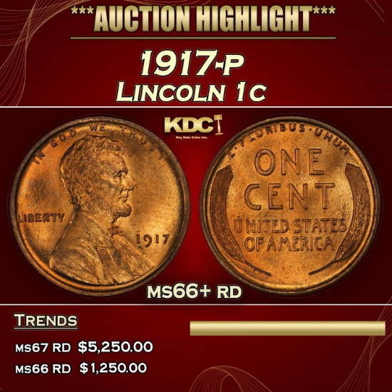 1917-p Lincoln Cent 1c ms66+ rd SEGS
