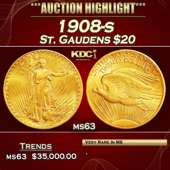 1908-s Gold St. Gaudens Double Eagle $20 ms63 SEGS