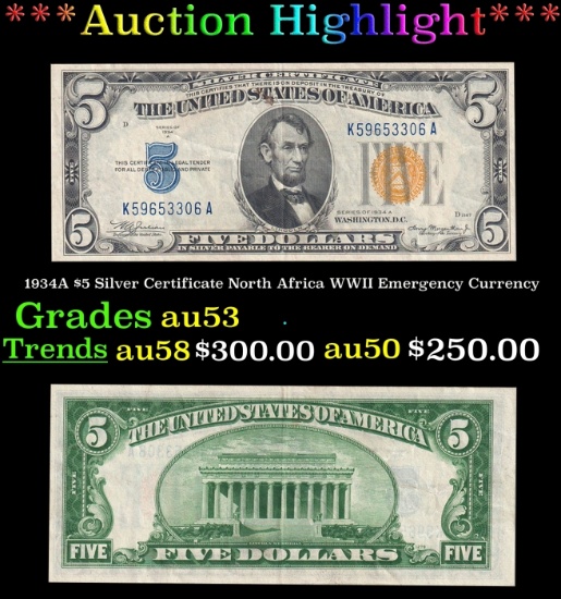 1934A $5 Silver Certificate North Africa WWII Emergency Currency Grades Select AU