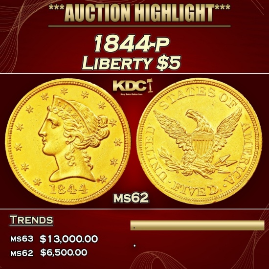1844-p Gold Liberty Half Eagle $5 ms62 USCG