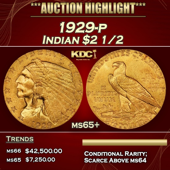 1929-p Gold Indian Quarter Eagle $2 1/2 ms65+ SEGS