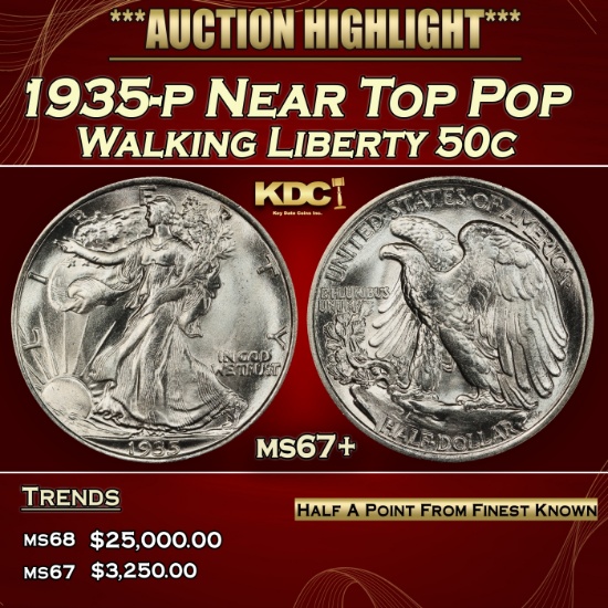 1935-p Walking Liberty Half Dollar Near Top Pop 50c ms67+ SEGS