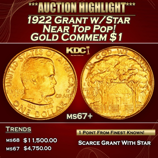 1922 Grant w/Star Gold Commem Dollar Near Top Pop! 1 ms67+ SEGS