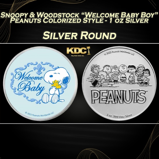 Snoopy & Woodstock "Welcome Baby Boy" Peanuts Colorized Style - 1 oz Silver Round Round