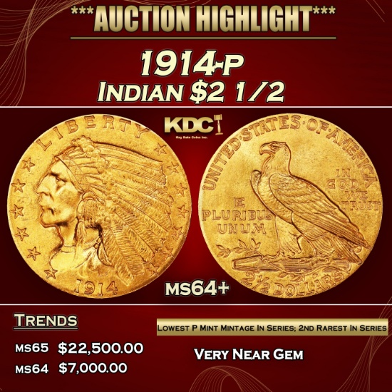 1914-p Gold Indian Quarter Eagle $2 1/2 ms64+ SEGS