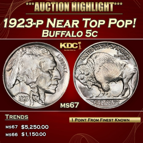 1923-p Buffalo Nickel Near Top Pop! 5c ms67 SEGS
