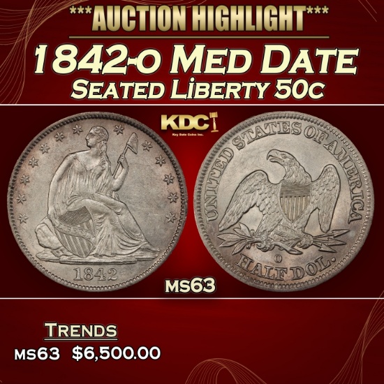 1842-o Med Date Seated Half Dollar 50c ms63 USCG