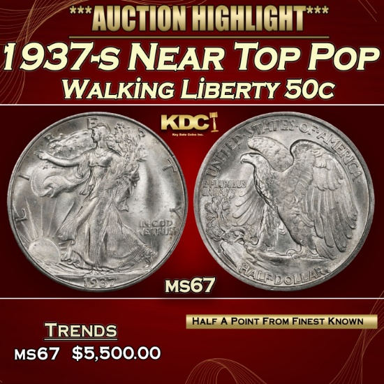 1937-s Walking Liberty Half Dollar Near Top Pop 50c ms67 SEGS