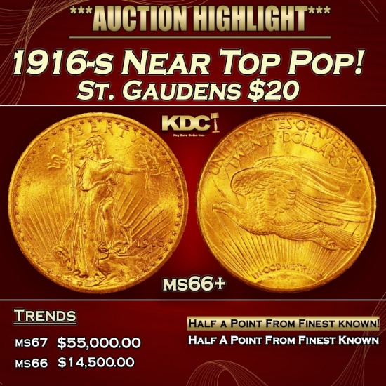 1916-s Gold St. Gaudens Double Eagle Near Top Pop! $20 ms66+ SEGS