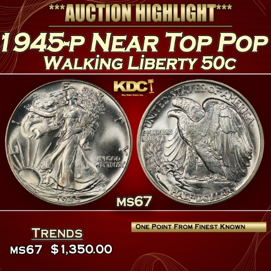 1945-p Walking Liberty Half Dollar Near Top Pop 50c ms67 SEGS