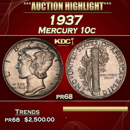 1937 Proof Mercury Dime 10c Grades pr68