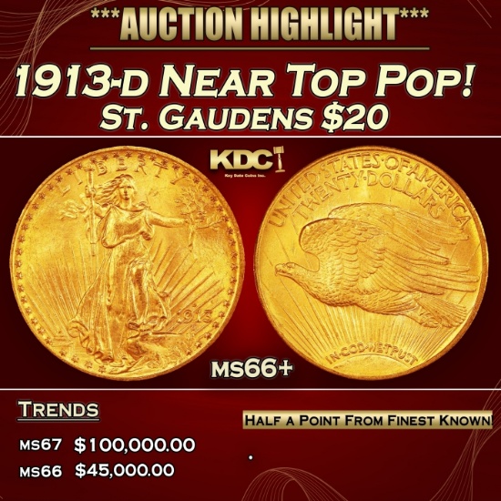 1913-d Gold St. Gaudens Double Eagle Near Top Pop! $20 ms66+ SEGS