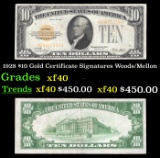 1928 $10 Gold Certificate Signatures Woods/Mellon Grades xf
