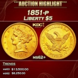 1851-p Gold Liberty Half Eagle $5 ms62+ USCG