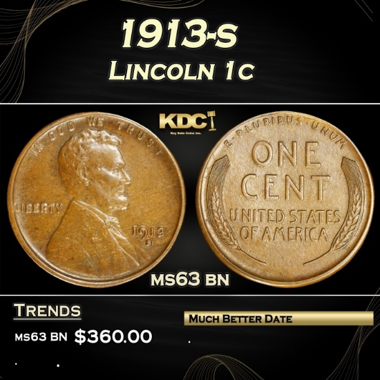 1913-s Lincoln Cent 1c Grades ms63 bn