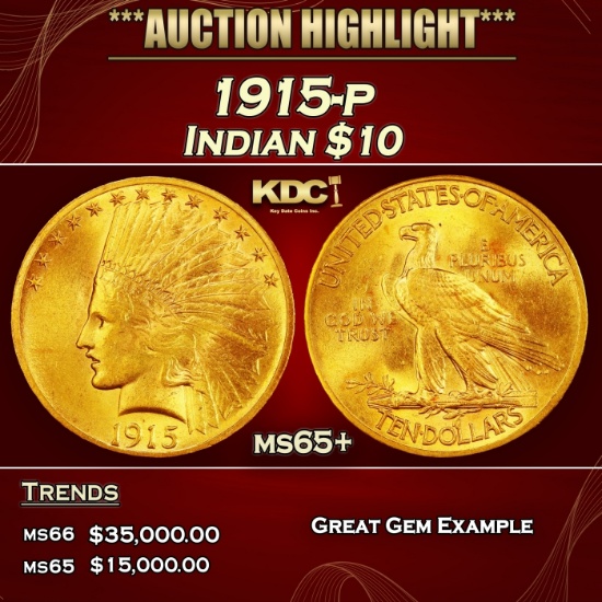 1915-p Gold Indian Eagle $10 ms65+ SEGS