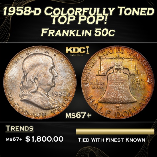 1958-d Franklin Half Dollar Colorfully Toned TOP POP! 50c ms67+ SEGS