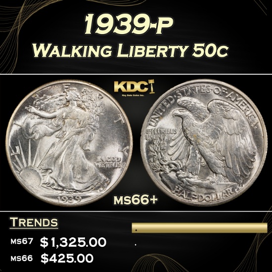 1939-p Walking Liberty Half Dollar 50c ms66+ SEGS