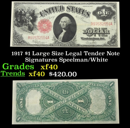 1917 $1 Large Size Legal Tender Note Grades xf Signatures Speelman/White
