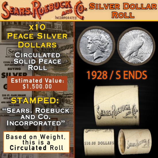 OI- SEARS Peace Silver Dollar $1 Roll 10 Coins Circulated 1928/'S' Rev Ends