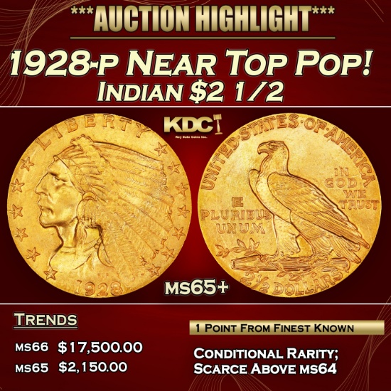 1928-p Gold Indian Quarter Eagle Near Top Pop! $2 1/2 ms65+ SEGS
