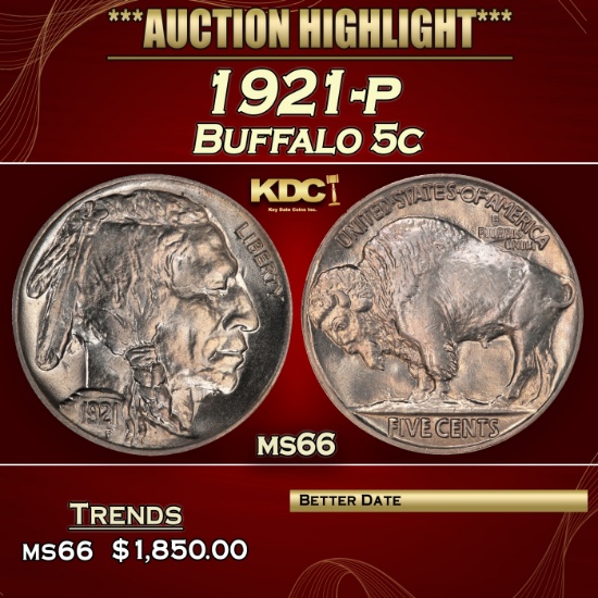 1921-p Buffalo Nickel 5c ms66 SEGS