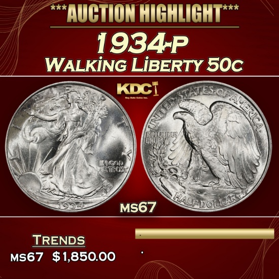 1934-p Walking Liberty Half Dollar 50c ms67 SEGS