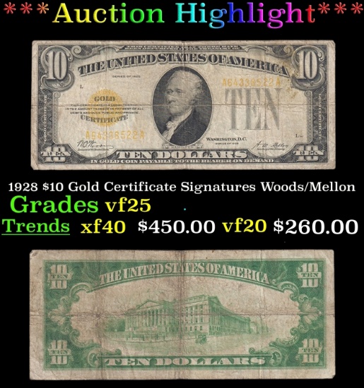 1928 $10 Gold Certificate Signatures Woods/Mellon Grades vf+