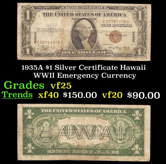 1935A $1 Silver Certificate Hawaii WWII Emergency Currency Grades vf+