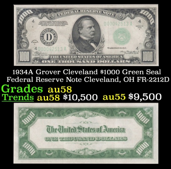 1934A $1000 Green Seal Federal Reserve Note President Grover Cleveland Cleveland, OH Grades Choice A