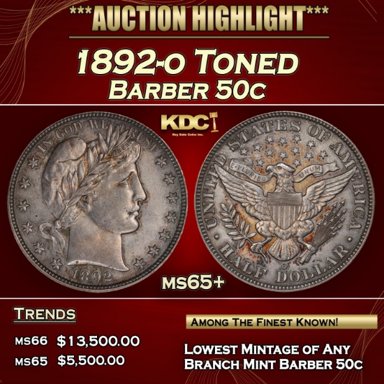 1892-o Barber Half Dollars Toned 50c ms65+ SEGS