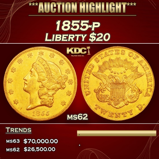 1855-p Gold Liberty Double Eagle $20 ms62 USCG