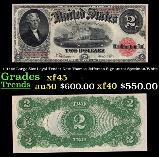 1917 $2 Large Size Legal Tender Note Thomas Jefferson Grades xf+ Signatures Speelman/White