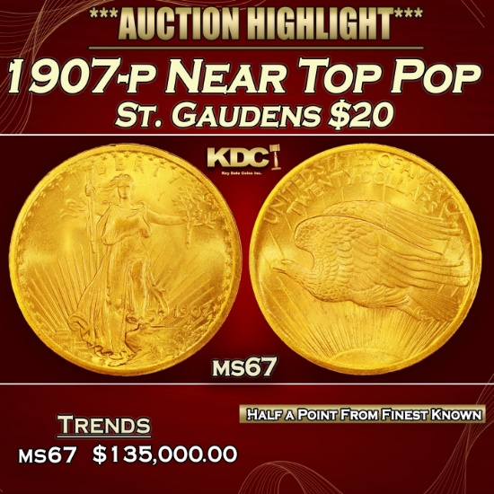 1907-p Gold St. Gaudens Double Eagle Near Top Pop $20 ms67 SEGS