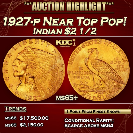 1927-p Gold Indian Quarter Eagle Near Top Pop! $2 1/2 ms65+ SEGS