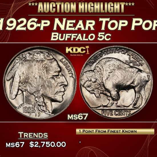 1926-p Buffalo Nickel Near Top Pop 5c ms67 SEGS