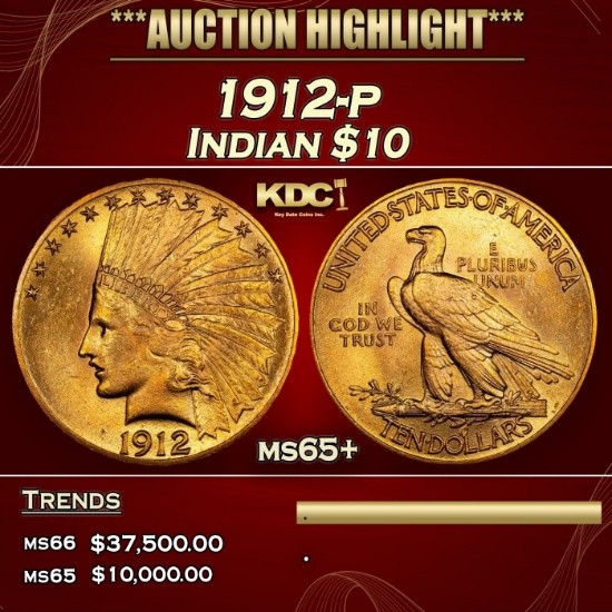 1912-p Gold Indian Eagle $10 ms65+ SEGS
