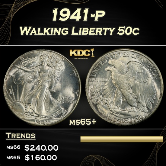 1941-p Walking Liberty Half Dollar 50c Grades ms65+