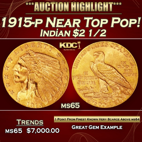 1915-p Gold Indian Quarter Eagle Near Top Pop! $2 1/2 ms65 SEGS