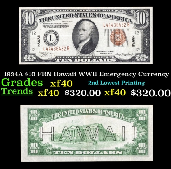 1934A $10 FRN Hawaii WWII Emergency Currency Grades xf