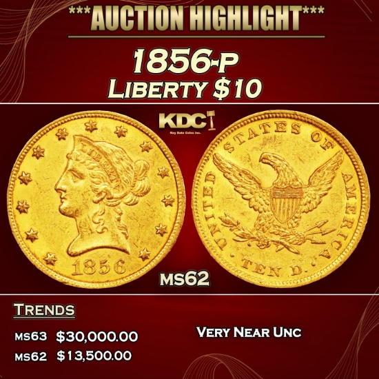 1856-p Gold Liberty Eagle $10 ms62 USCG