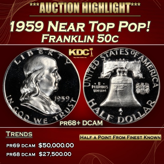 1959 Proof Franklin Half Dollar Near Top Pop! 50c pr68+ DCAM SEGS