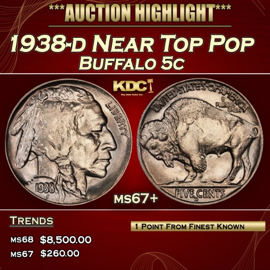 1938-d Buffalo Nickel Near Top Pop 5c ms67+ SEGS