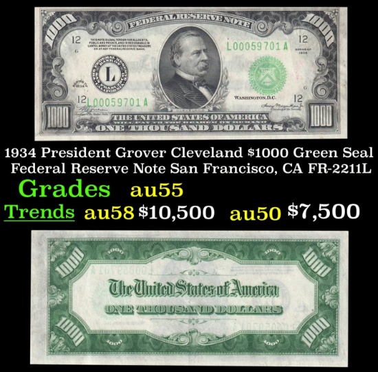 1934 $1000 Green Seal Federal Reserve Note President Grover Cleveland San Francisco, CA Grades Choic