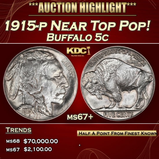 1915-p Buffalo Nickel Near Top Pop! 5c ms67+ SEGS