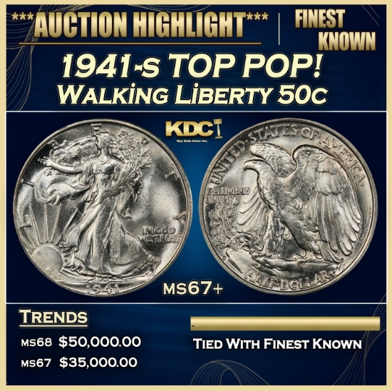 1941-s Walking Liberty Half Dollar TOP POP! 50c ms67+ SEGS