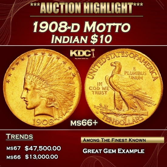 1908-d Motto Gold Indian Eagle $10 ms66+ SEGS