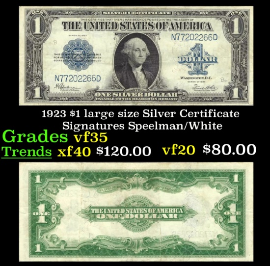 1923 $1 large size Silver Certificate Grades vf++ Signatures Speelman/White